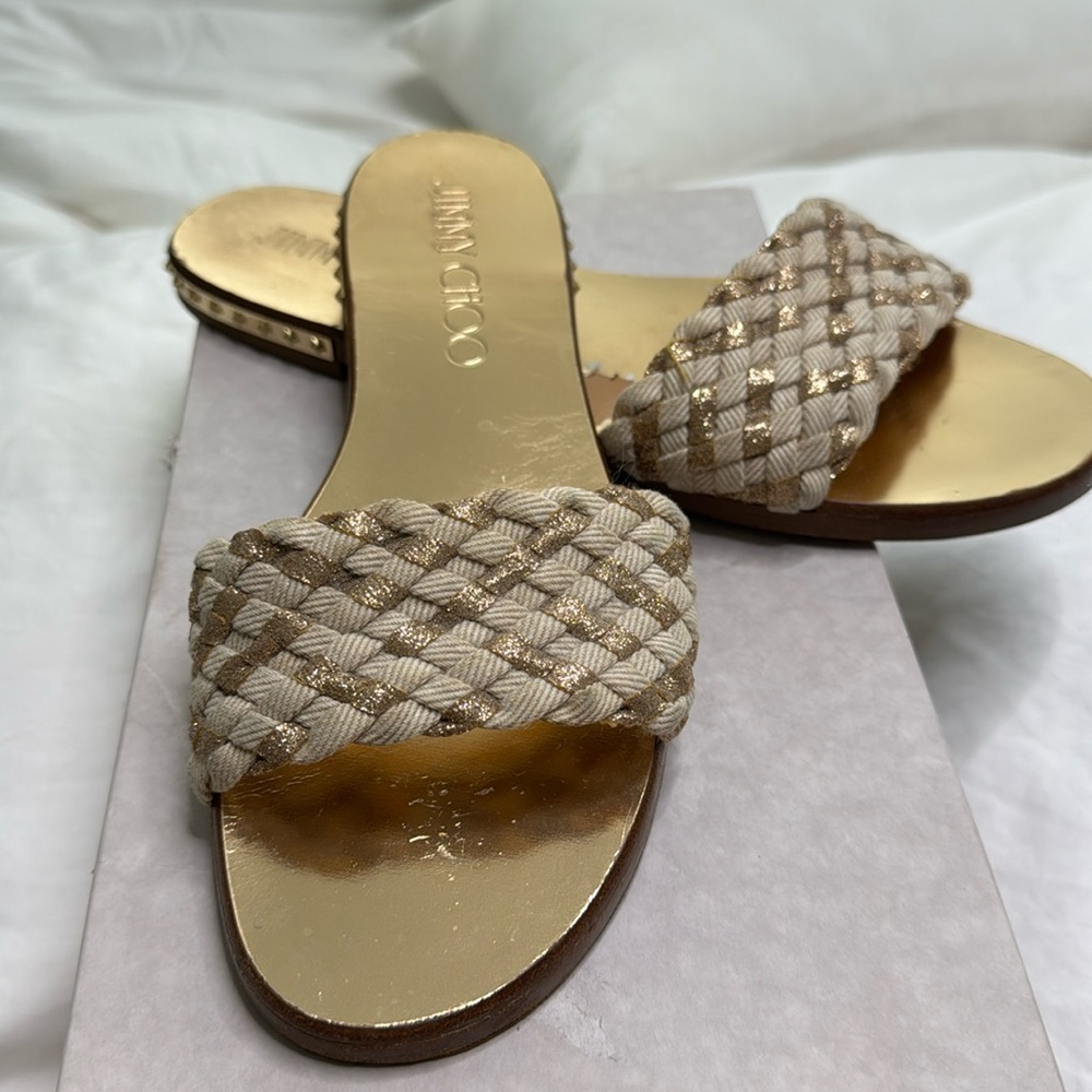 JIMMY CHOO WEAVE GLITTER FLAT MULES SANDALS